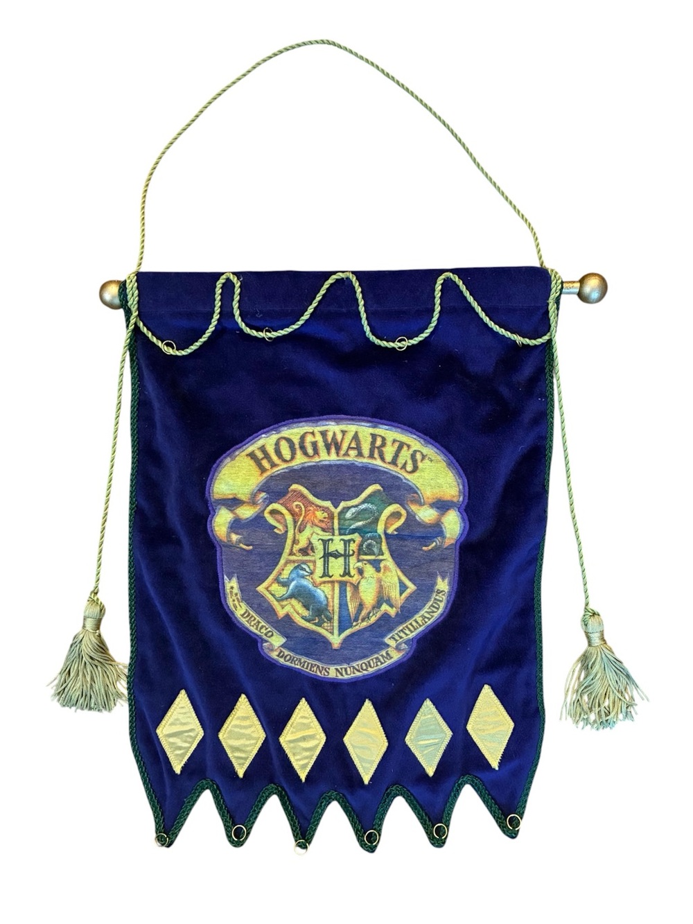 Vintage Hogwarts Crest Hanging Pennant Banner Blue Velvet Tassels Collectible